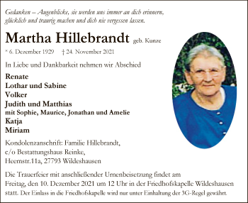 Traueranzeige von Martha Hillebrandt von SYK