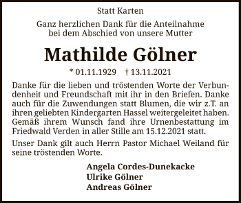 Traueranzeige von Mathilde Gölner von SYK