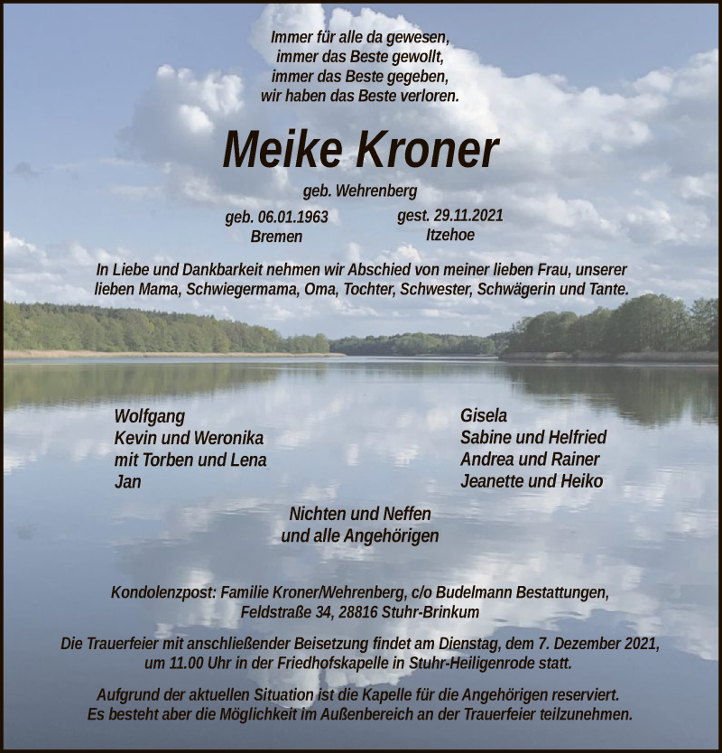  Traueranzeige für Meike Kroner vom 04.12.2021 aus SYK
