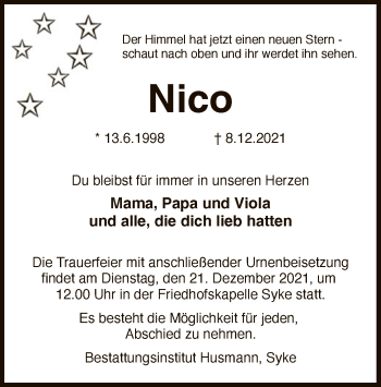 Traueranzeige von Nico  von SYK