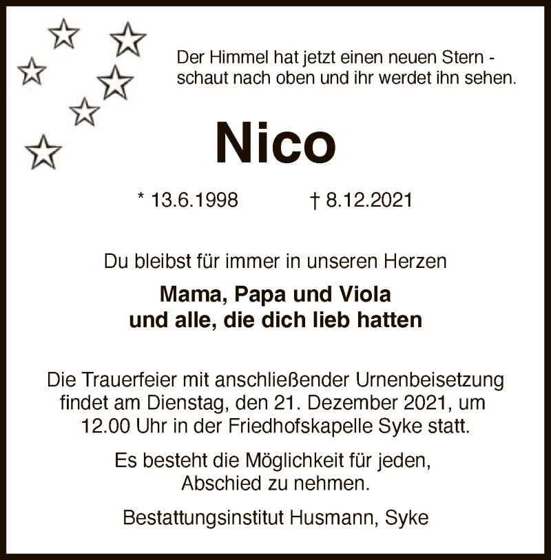  Traueranzeige für Nico  vom 17.12.2021 aus SYK