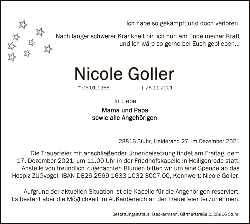  Traueranzeige für Nicole Goller vom 11.12.2021 aus SYK
