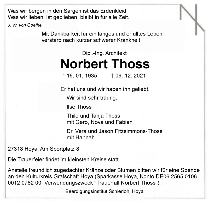  Traueranzeige für Norbert Thoss vom 15.12.2021 aus SYK