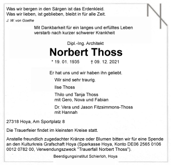 Traueranzeige von Norbert Thoss von SYK