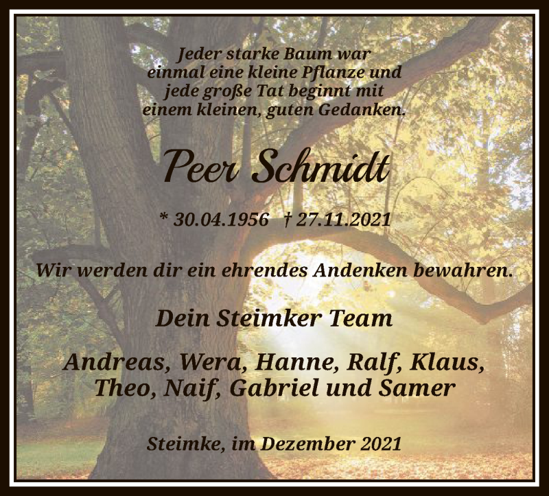  Traueranzeige für Peer Schmidt vom 04.12.2021 aus SYK