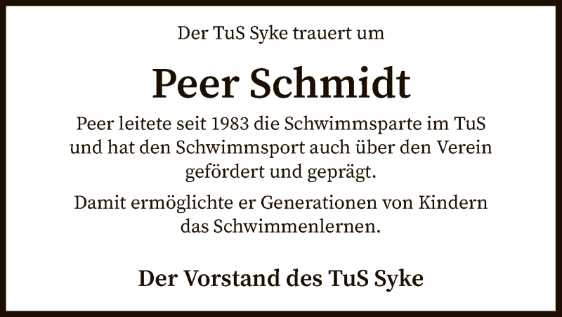  Traueranzeige für Peer Schmidt vom 04.12.2021 aus SYK