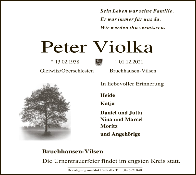  Traueranzeige für Peter Violka vom 07.12.2021 aus SYK