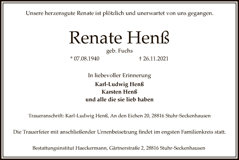  Traueranzeige für Renate Henß vom 04.12.2021 aus SYK