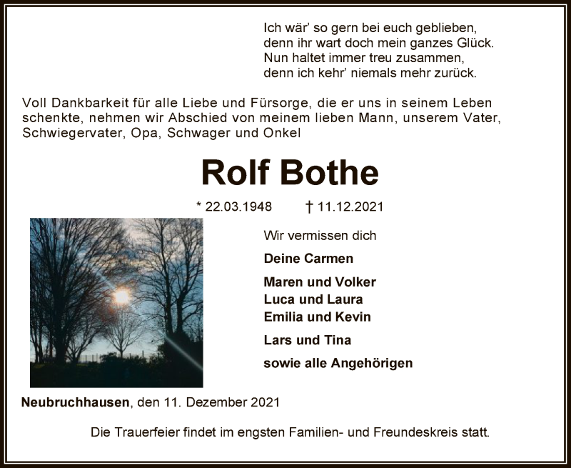  Traueranzeige für Rolf Bothe vom 14.12.2021 aus SYK