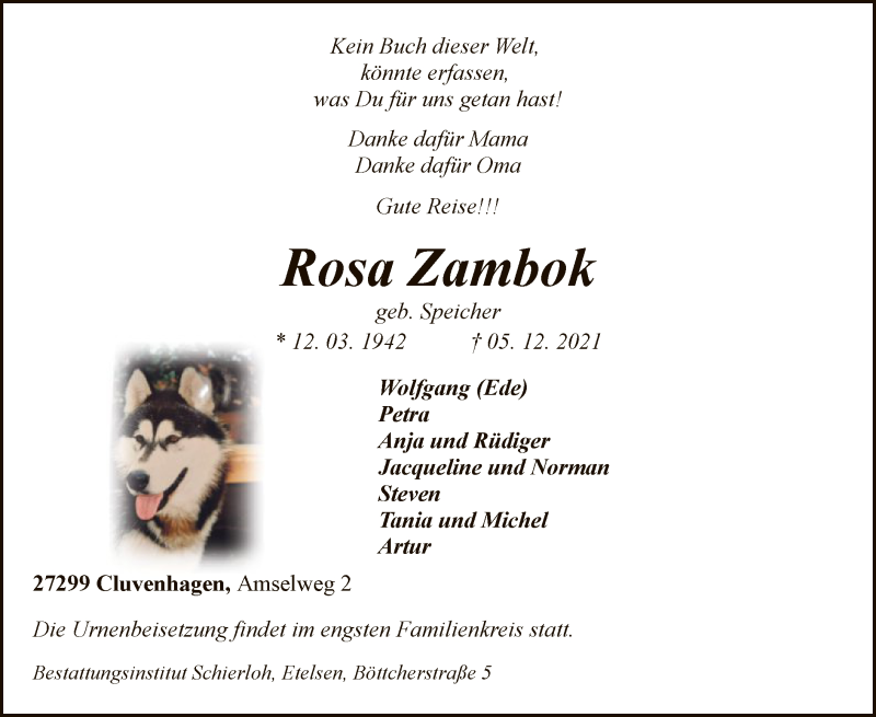  Traueranzeige für Rosa Zambok vom 08.12.2021 aus SYK