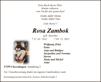 Traueranzeige von Rosa Zambok von SYK