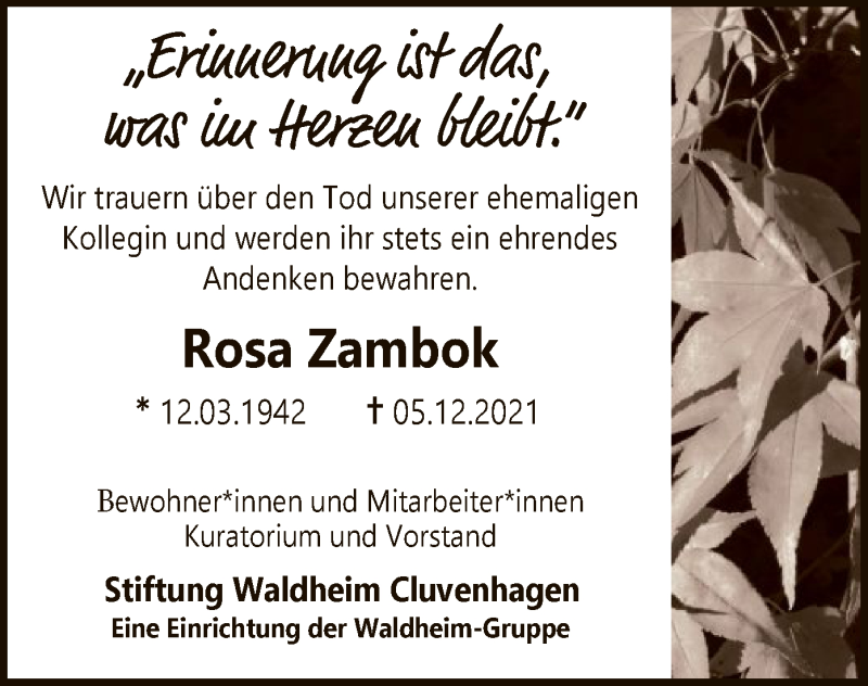  Traueranzeige für Rosa Zambok vom 11.12.2021 aus SYK