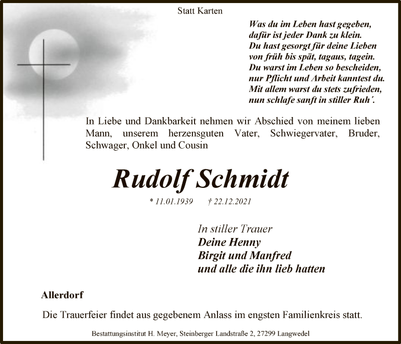  Traueranzeige für Rudolf Schmidt vom 28.12.2021 aus SYK