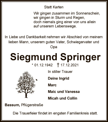 Traueranzeige von Siegmund Springer von SYK