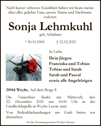 Traueranzeige von Sonja Lehmkuhl von SYK