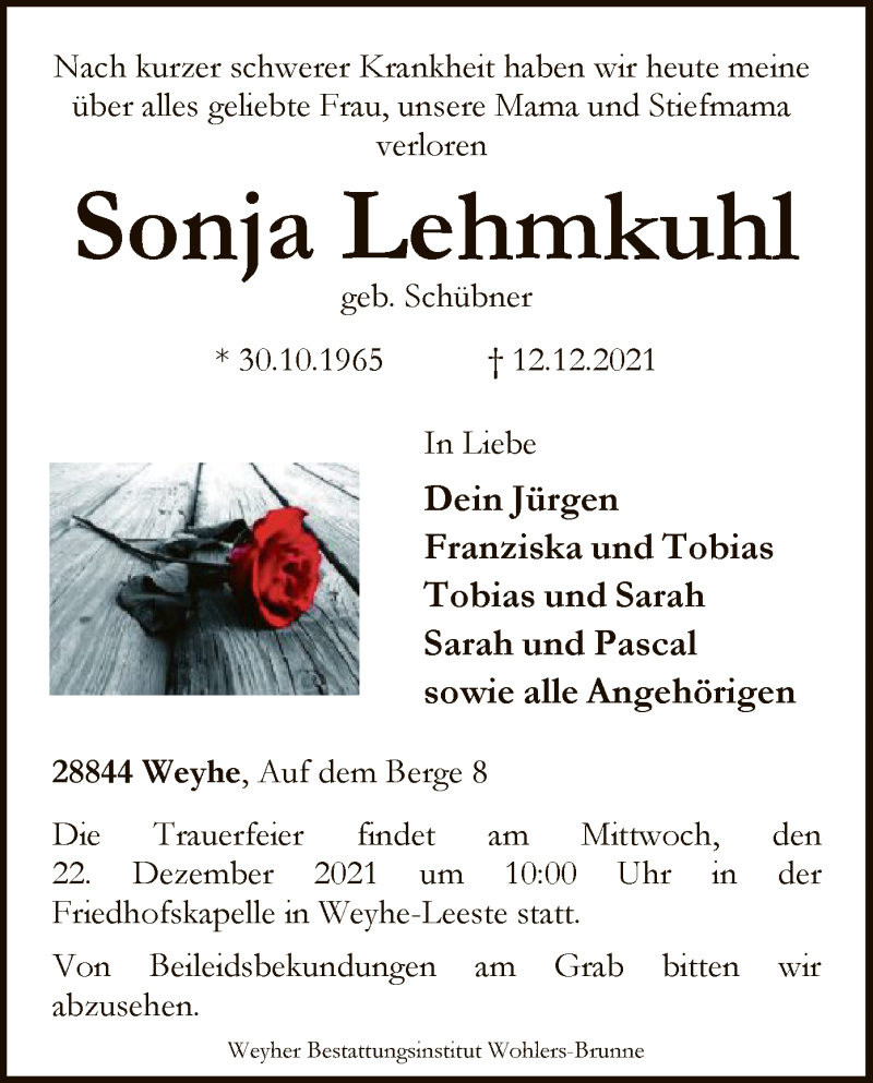  Traueranzeige für Sonja Lehmkuhl vom 18.12.2021 aus SYK