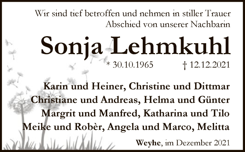  Traueranzeige für Sonja Lehmkuhl vom 18.12.2021 aus SYK