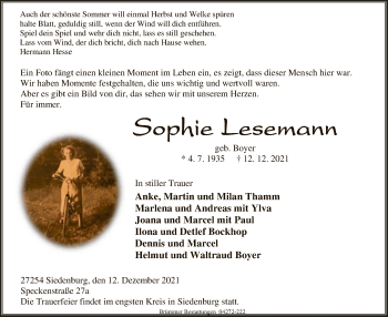 Traueranzeige von Sophie Lesemann von SYK