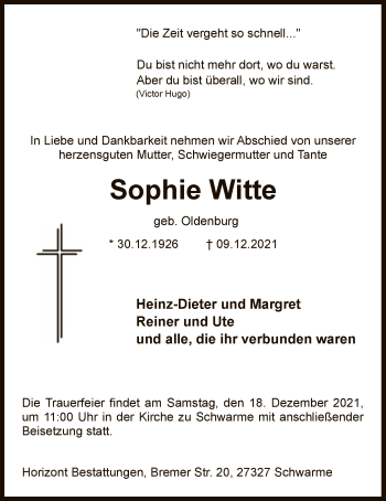 Traueranzeige von Sophie Witte von SYK