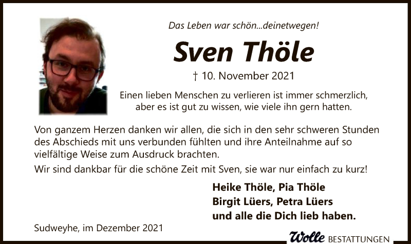  Traueranzeige für Sven Thöle vom 18.12.2021 aus SYK