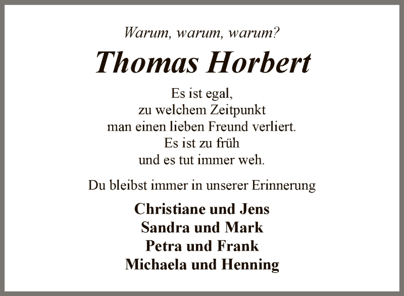  Traueranzeige für Thomas Horbert vom 28.12.2021 aus SYK