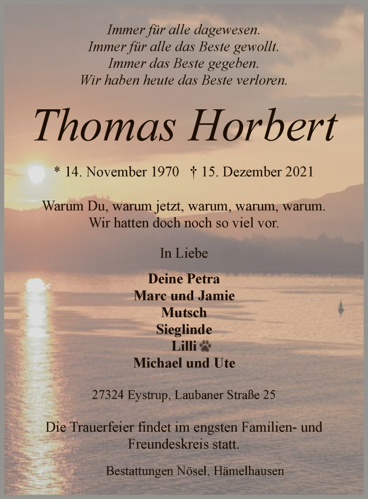 Traueranzeige für Thomas Horbert vom 22.12.2021 aus SYK