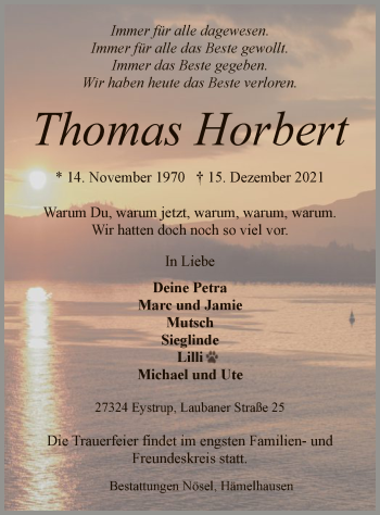 Traueranzeige von Thomas Horbert von SYK