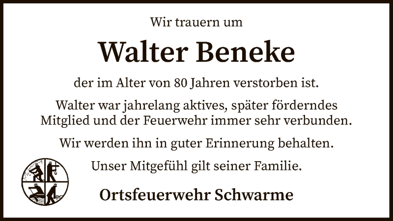  Traueranzeige für Walter Beneke vom 08.12.2021 aus SYK