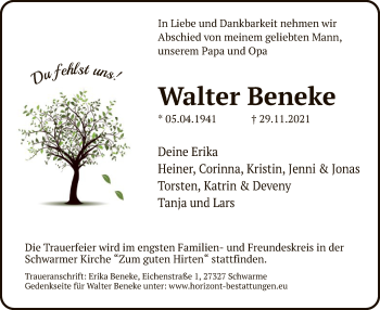 Traueranzeige von Walter Beneke von SYK