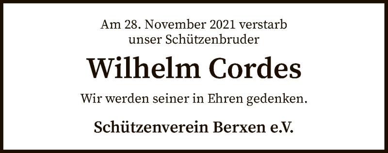  Traueranzeige für Wilhelm Cordes vom 11.12.2021 aus SYK