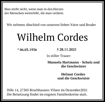 Traueranzeige von Wilhelm Cordes von SYK