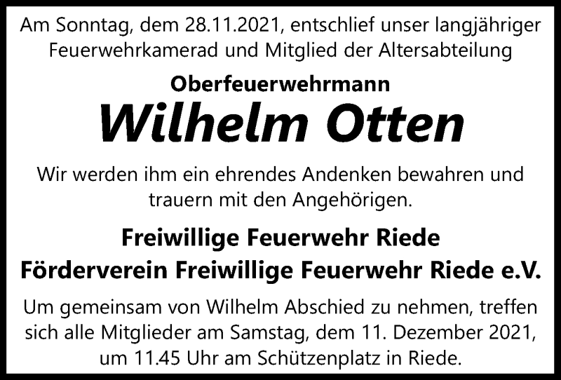  Traueranzeige für Wilhelm Otten vom 02.12.2021 aus SYK