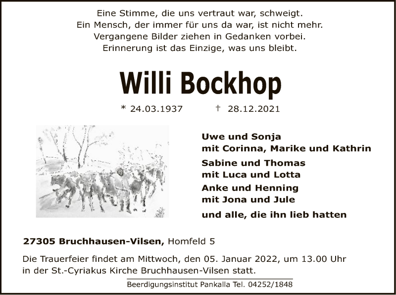  Traueranzeige für Willi Bockhop vom 31.12.2021 aus SYK
