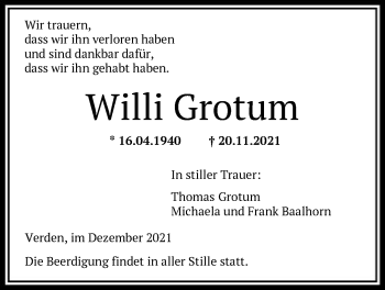 Traueranzeige von Willi Grotum von SYK