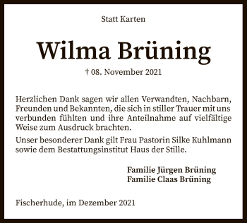 Traueranzeige von Wilma Brüning von SYK