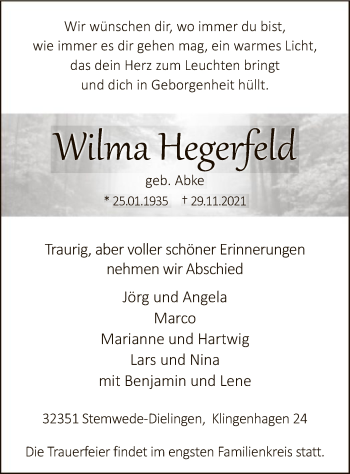 Traueranzeige von Wilma Hegerfeld von SYK