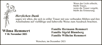 Traueranzeige von Wilma Remmert von SYK