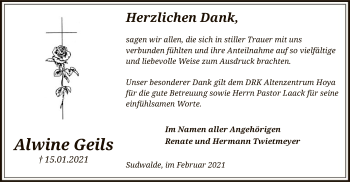 Traueranzeige von Alwine Geils von SYK