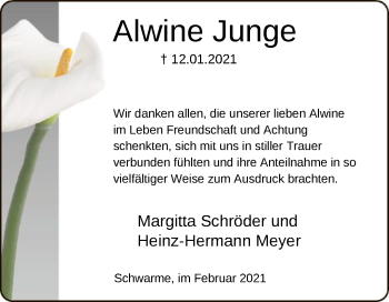 Traueranzeige von Alwine Junge von SYK