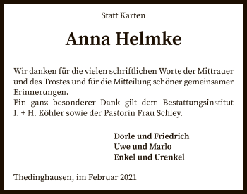 Traueranzeige von Anna Helmke von SYK