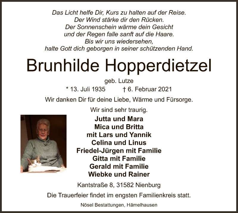  Traueranzeige für Brunhilde Hopperdietzel vom 13.02.2021 aus SYK