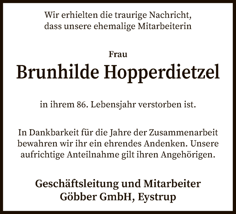  Traueranzeige für Brunhilde Hopperdietzel vom 13.02.2021 aus SYK