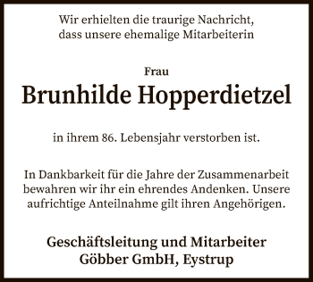 Traueranzeige von Brunhilde Hopperdietzel von SYK