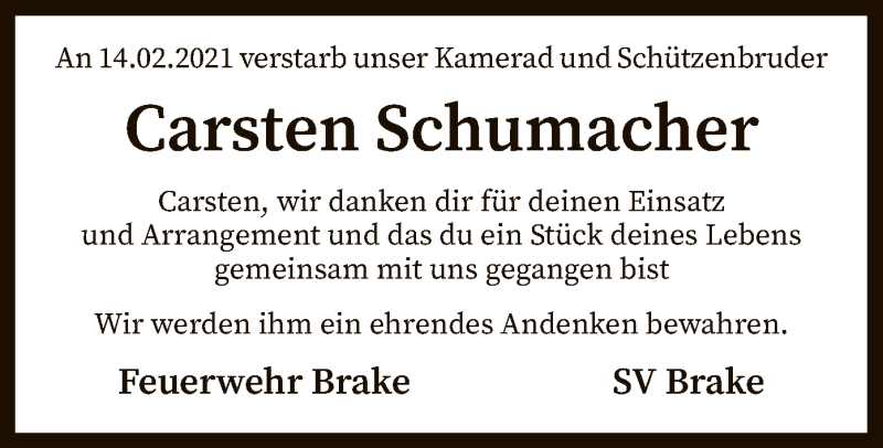  Traueranzeige für Carsten Schumacher vom 18.02.2021 aus SYK