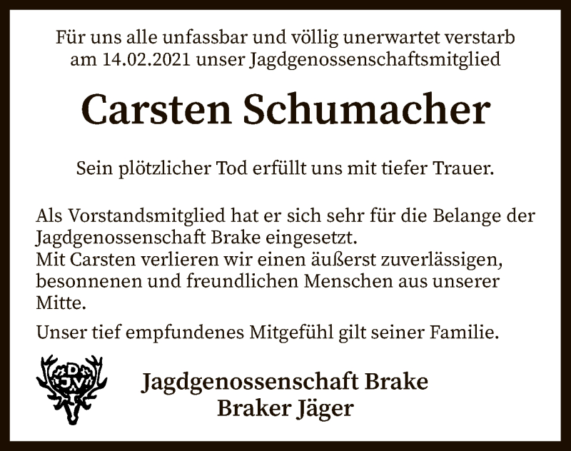  Traueranzeige für Carsten Schumacher vom 17.02.2021 aus SYK