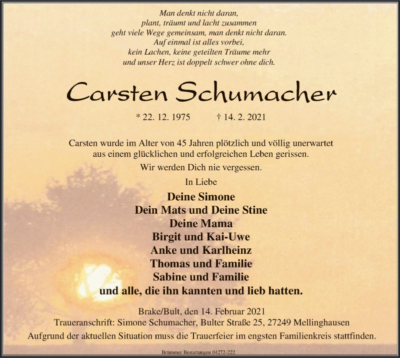  Traueranzeige für Carsten Schumacher vom 17.02.2021 aus SYK