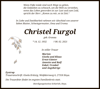 Traueranzeige von Christel Furgol von SYK