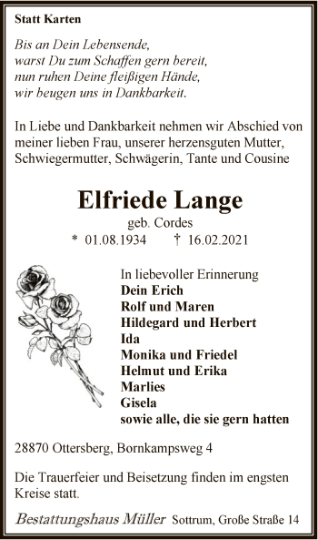 Traueranzeige von Elfriede Lange von SYK