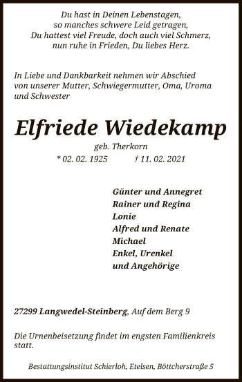 Traueranzeige von Elfriede Wiedekamp von SYK