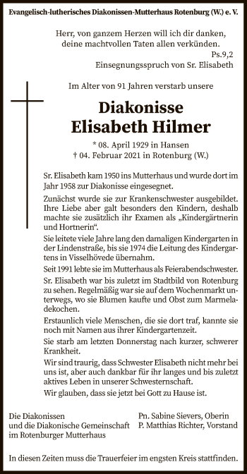 Traueranzeige von Elisabeth Hilmer von SYK